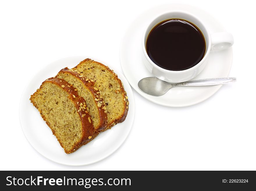 Coffee and banana bread on white background