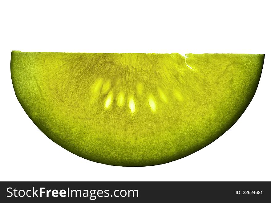 A slice of yellow watermelon isolated on a white background. A slice of yellow watermelon isolated on a white background