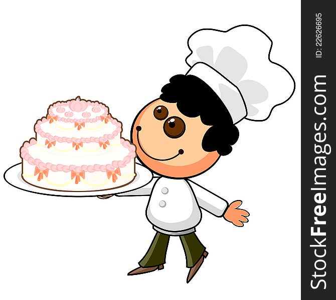 Smiling cartoon cook with big holiday cake. Smiling cartoon cook with big holiday cake