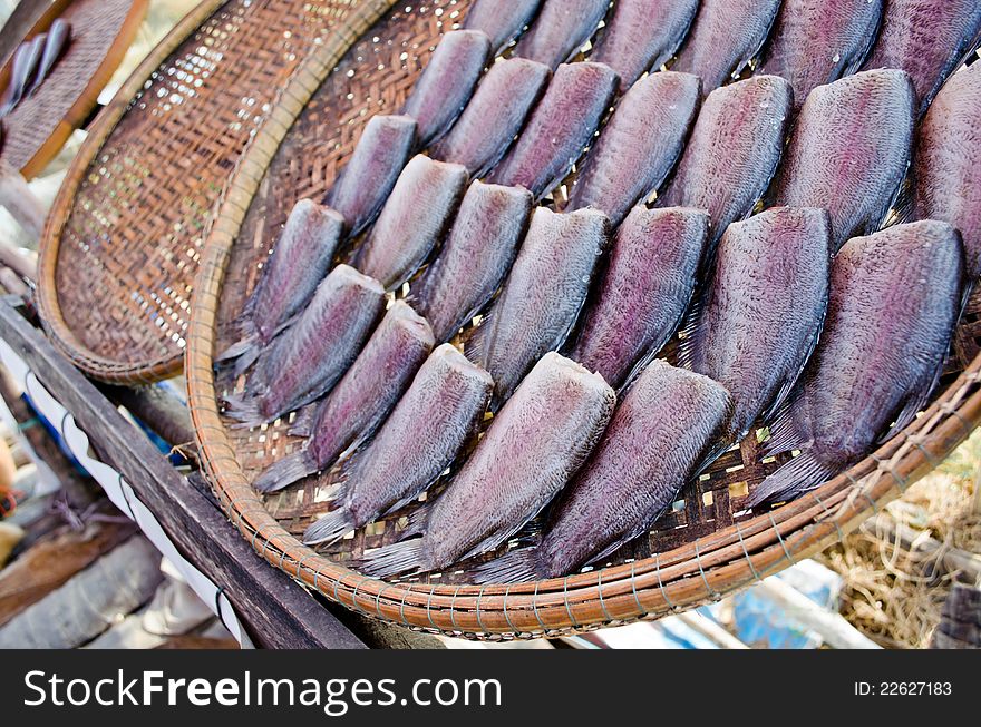 Dry fish on basket in shop,Thailand