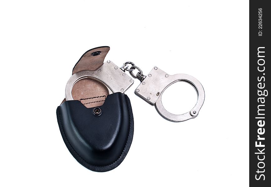 Manacles in leather case of the black colour on white background