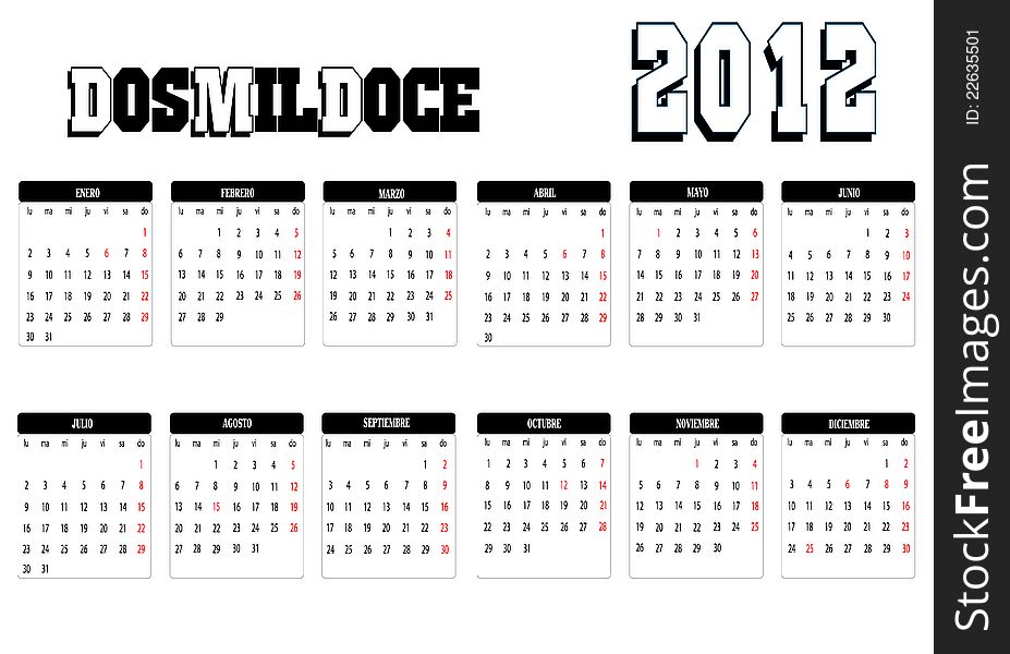 Calendar new year 2012 in Spanish. Calendar new year 2012 in Spanish