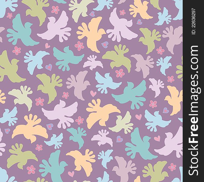 Romantic seamless pattern with multicoloured doves, flowers and hearts. Vector illustration. Romantic seamless pattern with multicoloured doves, flowers and hearts. Vector illustration