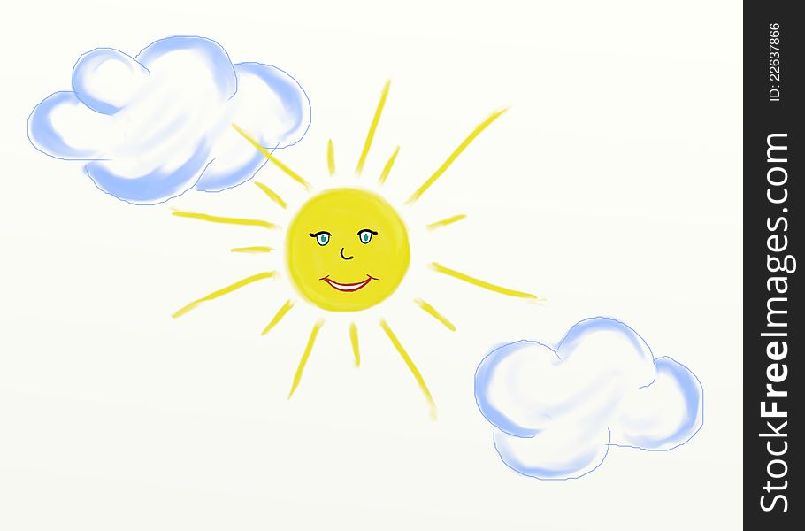 Hand drawn illustration with smiling sun and clouds.