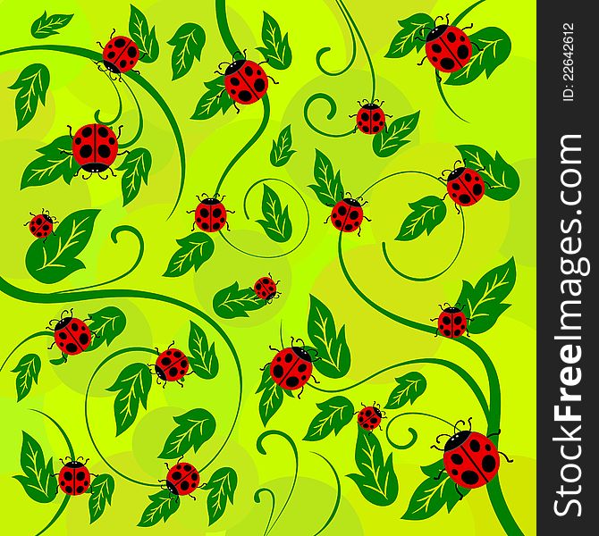 A cute and colorful background with ladybugs and plants. A cute and colorful background with ladybugs and plants