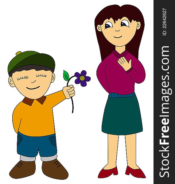 A humorous cartoon illustration of a young boy giving a flower to an older girl. A humorous cartoon illustration of a young boy giving a flower to an older girl