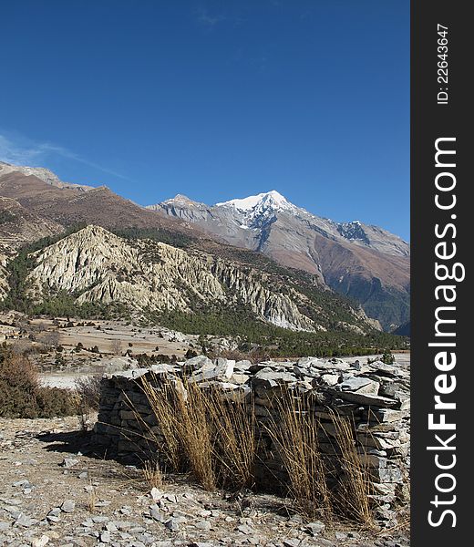 Pisan Peak, photographed from Humde, Nepal. Annapurna Conservation Area.