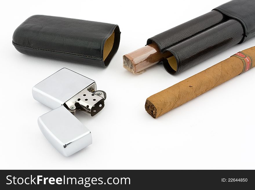 Cigars with cigar lighter on white background. Cigars with cigar lighter on white background