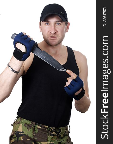 Soldier with knife over white background