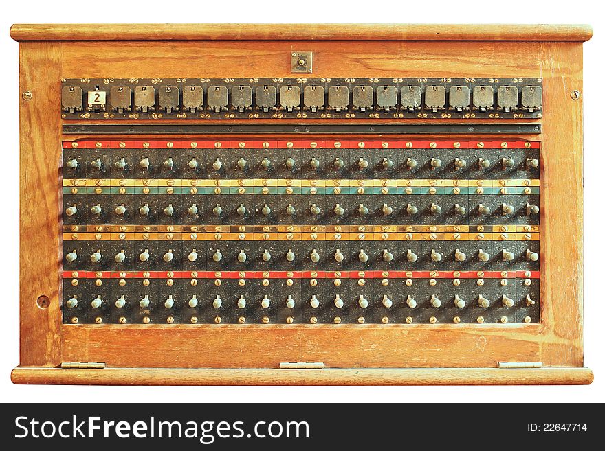 Vintage telephone switchboard box isolated on white background