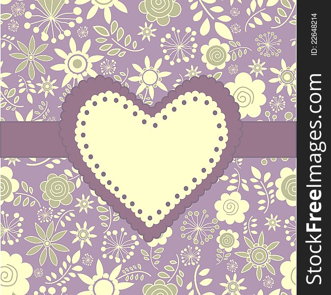 Romantic greeting card in the form of heart with floral background. Vector illustration
