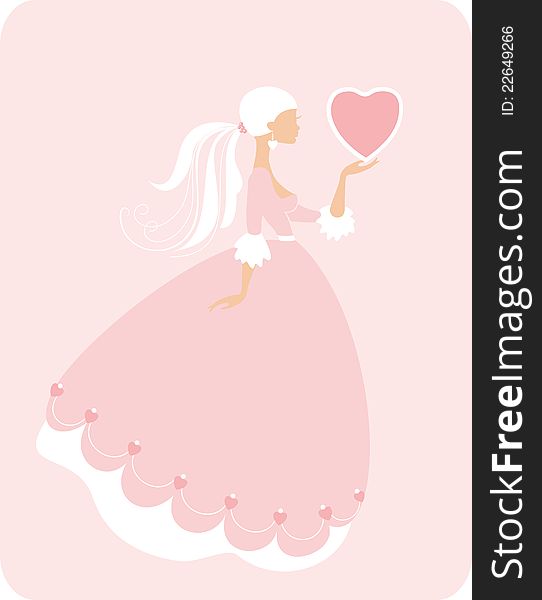 Beautiful girl silhouette with the heart on the pink background: Valentines day background