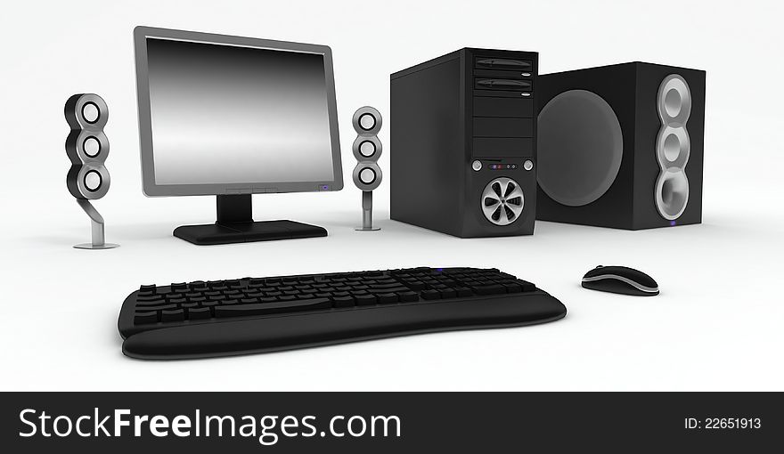 Black computer with speakers and mouse on a white background