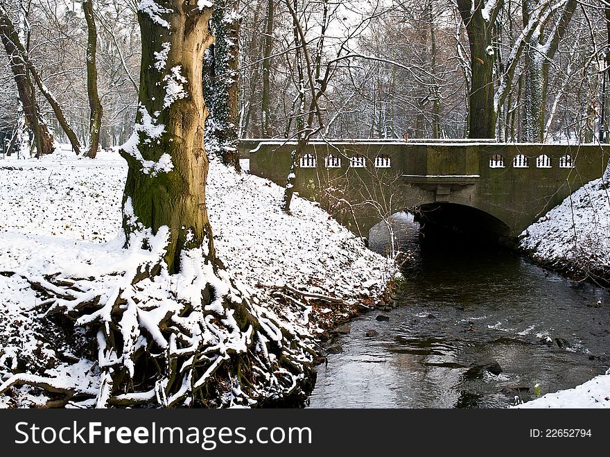 Winter landscape in Poznan. Bridge in Solacz Park. Winter landscape in Poznan. Bridge in Solacz Park.