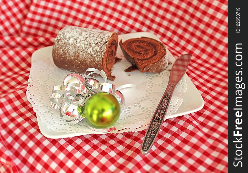 This photo shows a festive looking Chocolate Yule Log. This photo shows a festive looking Chocolate Yule Log