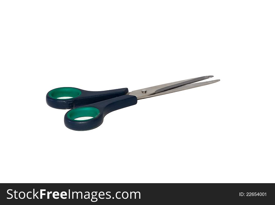 Pair of blue handled scissors isolated on white