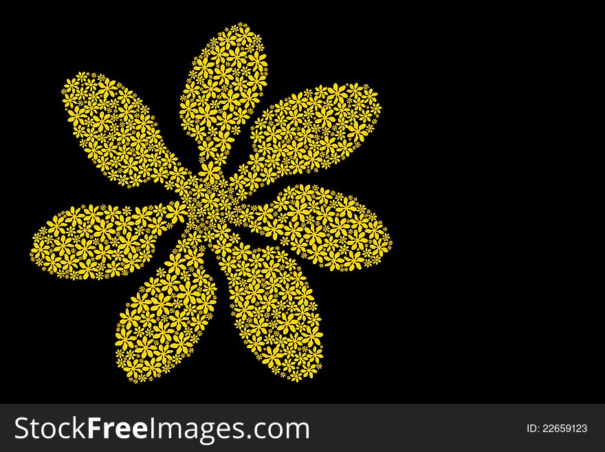 Flower made of yellow flowers in black background