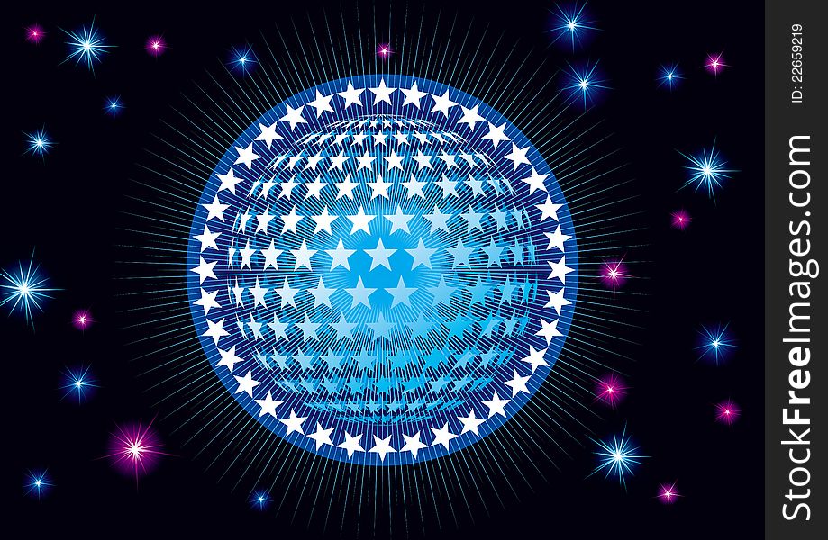 Abstract  Vector with stars sphere and fireworks on black background. Abstract  Vector with stars sphere and fireworks on black background