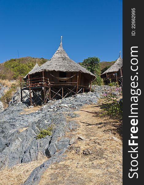 Bamboo Hut on the rock mountain with clear sky. Bamboo Hut on the rock mountain with clear sky