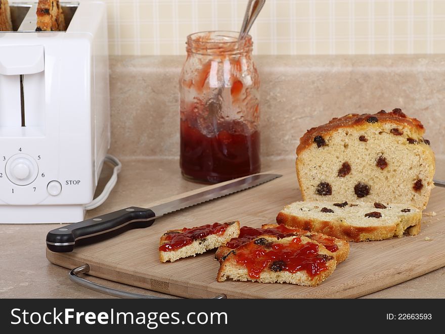 Raisin toast with jam on a kitchen counter