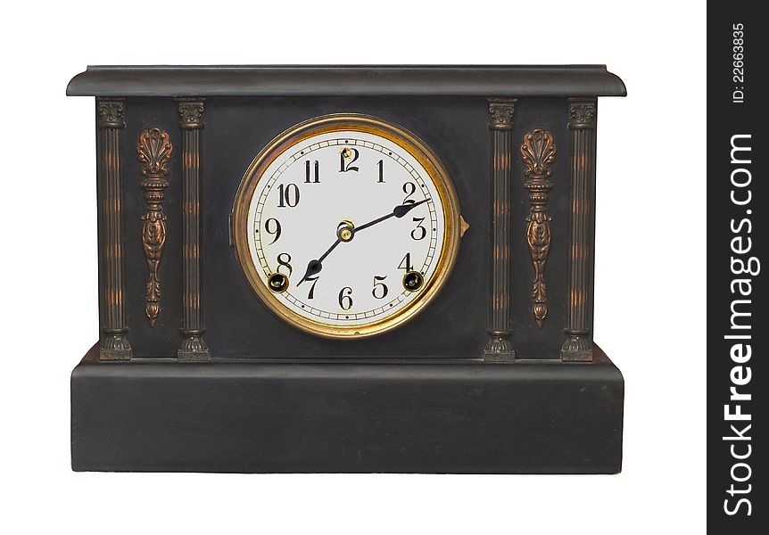 Vintage old and worn black wood mantle clock. Isolated on white. Vintage old and worn black wood mantle clock. Isolated on white.