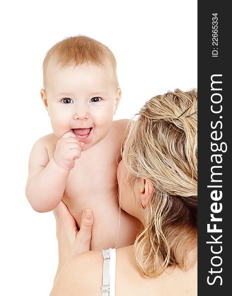 Loving mother with her child on white background