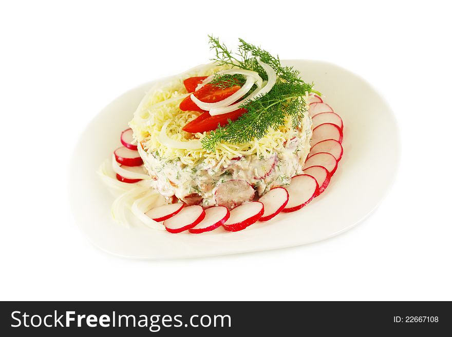 Dish with a salad of radish, with tomatoes, yogurt, dill, and cheese