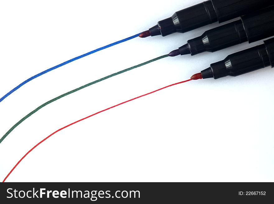 Red, blue and green light line on white paper soft- tip. Red, blue and green light line on white paper soft- tip