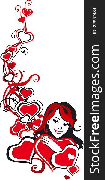 Vector board with hearts, face of pretty girl and curlicues on white  background. Vector board with hearts, face of pretty girl and curlicues on white  background