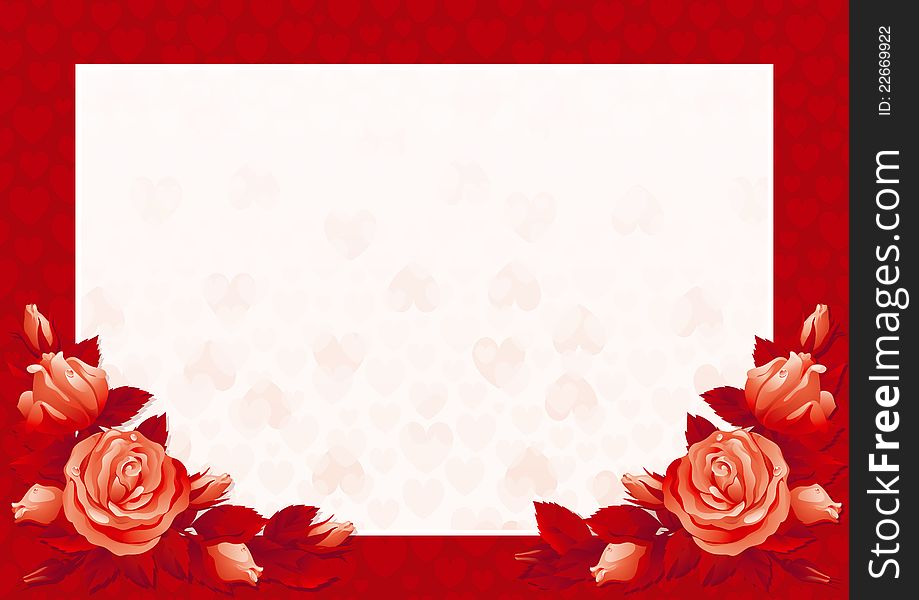 Vector Border with many red roses and hearts on abstract background. Vector Border with many red roses and hearts on abstract background.