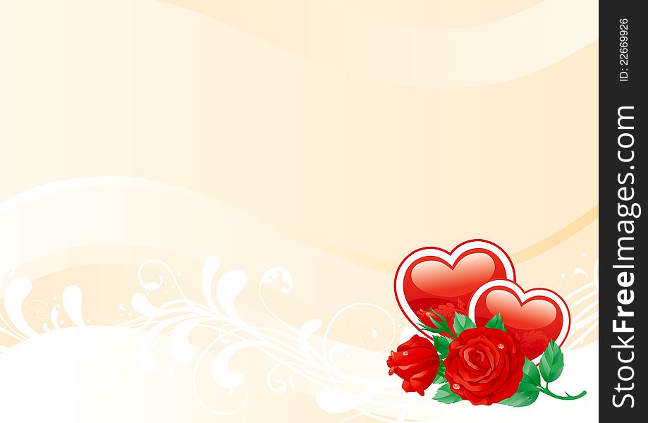 Vector Red roses and two hearts on ornate background. Vector Red roses and two hearts on ornate background.