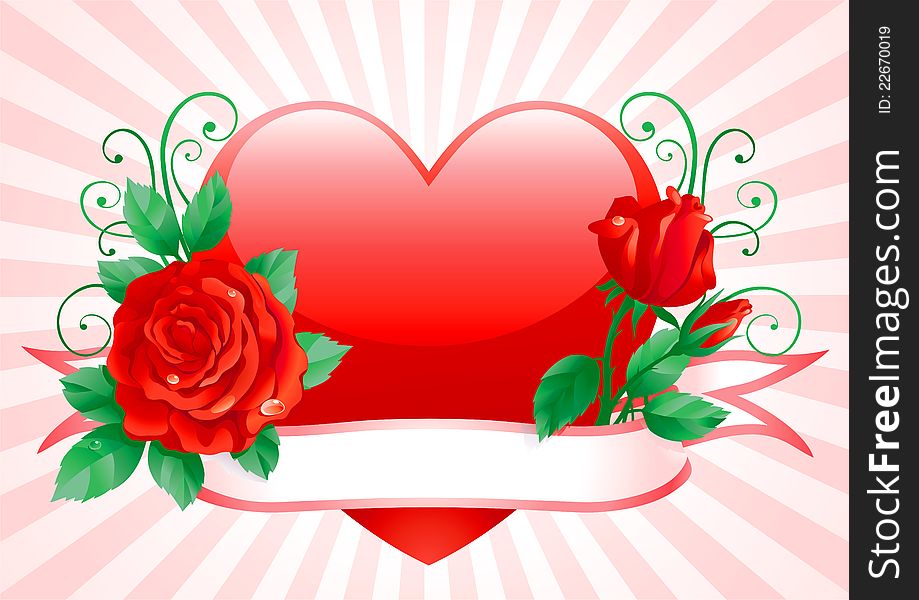 Vector Heart and red roses with ornate elements. Vector Heart and red roses with ornate elements