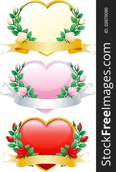 Three Vector hearts with rose wreaths and ribbons. Three Vector hearts with rose wreaths and ribbons.