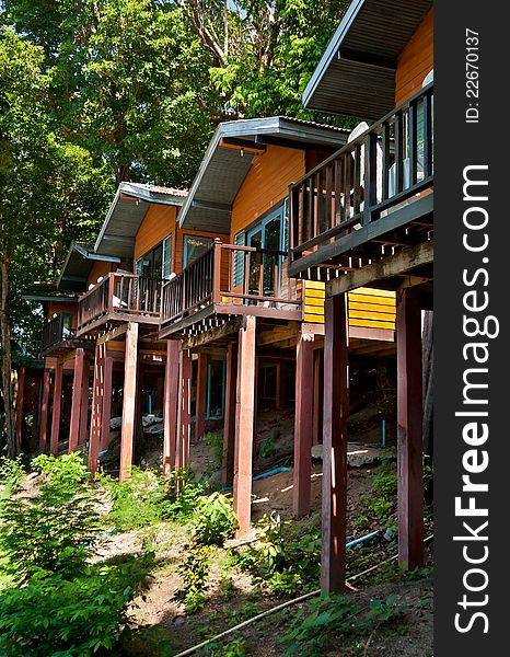 House in a tropical forest on stilts in Thailand