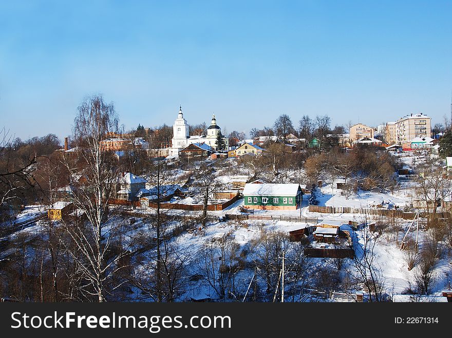 Kind on a city and Pokrova Presvjatoj Bogoroditsy's temple the city of Ruza Russia winter. Kind on a city and Pokrova Presvjatoj Bogoroditsy's temple the city of Ruza Russia winter