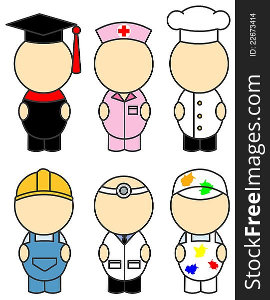 Six different occupation / fancy dress costumes illustrated in a cute form. Six different occupation / fancy dress costumes illustrated in a cute form