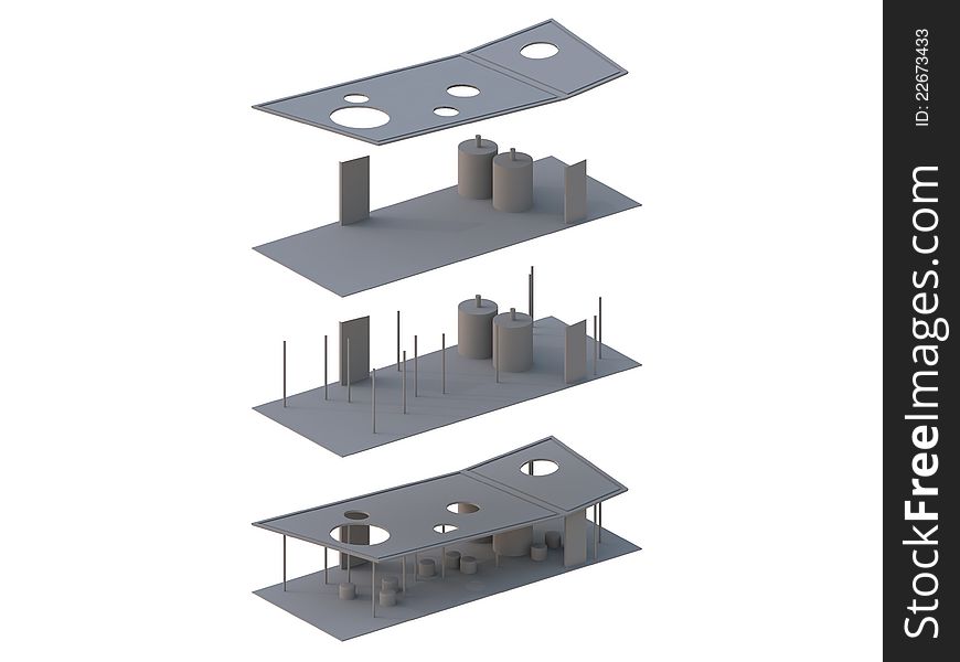 Architecture Exploded in axonometric,a presentation show an elements of architecture.