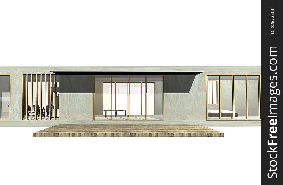 Entrance of housing elevation rendering show a direct approach between inside and outside