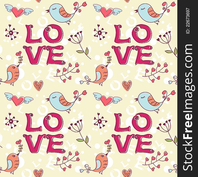 Love seamless texture with flowers and birds, endless floral pattern.