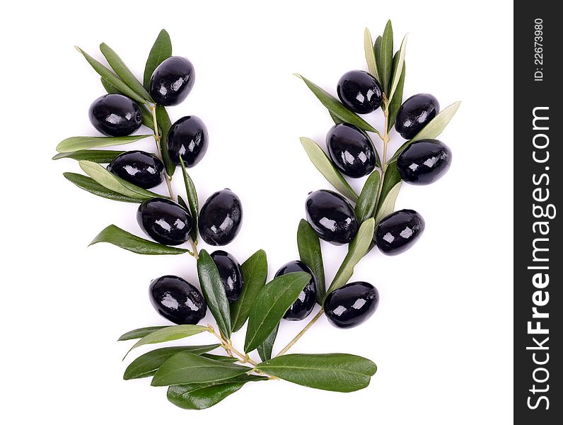 Black Olives With Green Leaves Isolated White Back