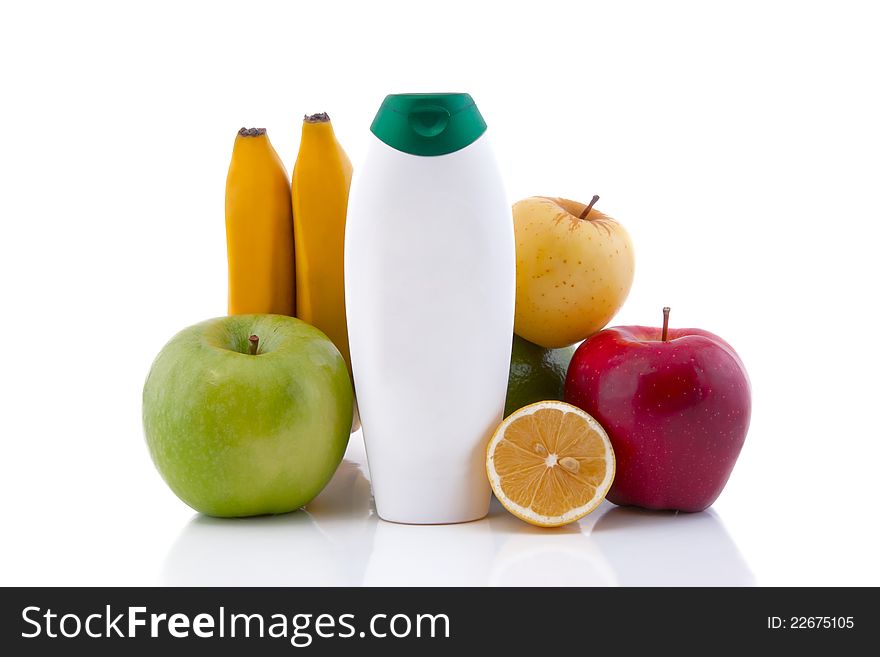 White container with fruits, isolated on white background. White container with fruits, isolated on white background