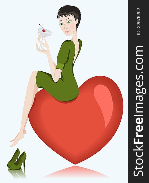 Vector illustration of beautiful sexy brunette girl with drink sitting on heart. Vector illustration of beautiful sexy brunette girl with drink sitting on heart