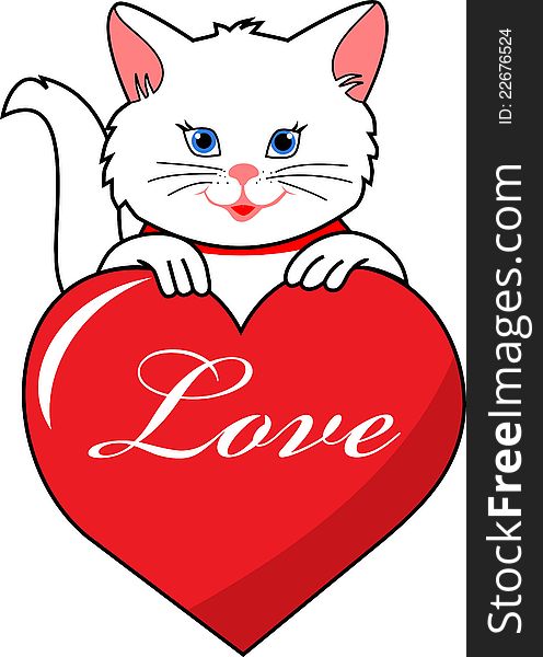 Cute white cat holding red Heart. Cute white cat holding red Heart.