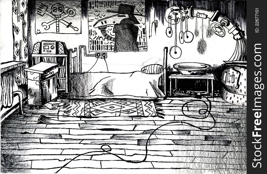 Picture of interior of old room, drawn by a marker and pencil.