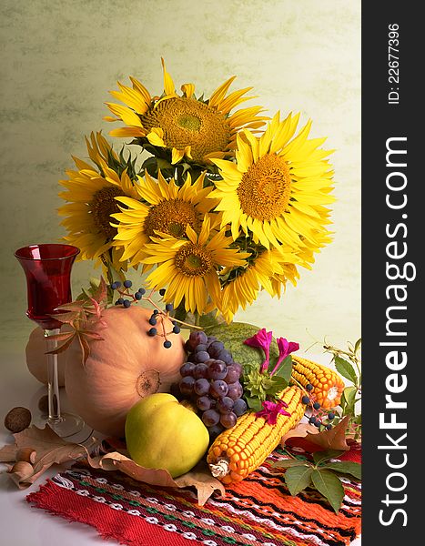 Still, a carafe of sunflower seeds, fruit, texture, background