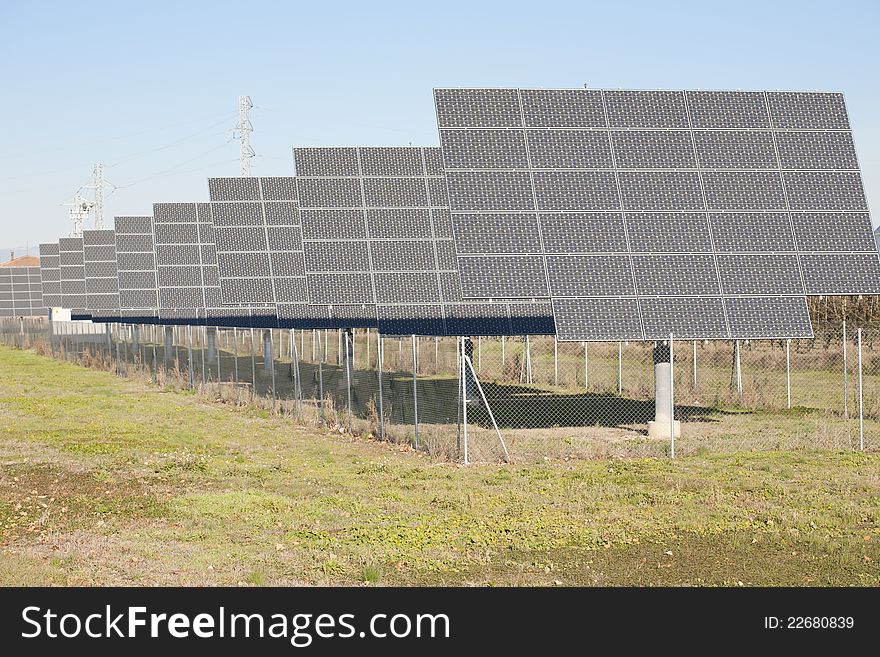 Solar panels placed in a row or orchard