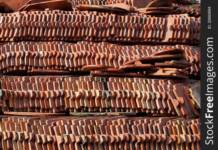 Red Clay Tiles of Thai Roof prepare for build a temple.