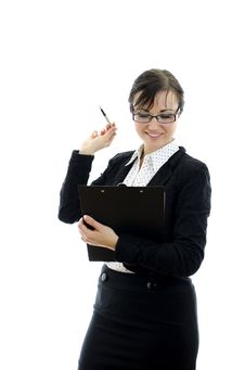 Business Woman In Glasses Pointing At Copyspace Stock Image