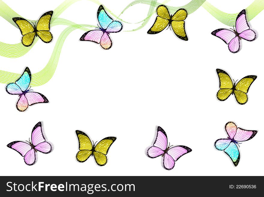 Creative colorful abstract frame with bautterflies and lines. Creative colorful abstract frame with bautterflies and lines