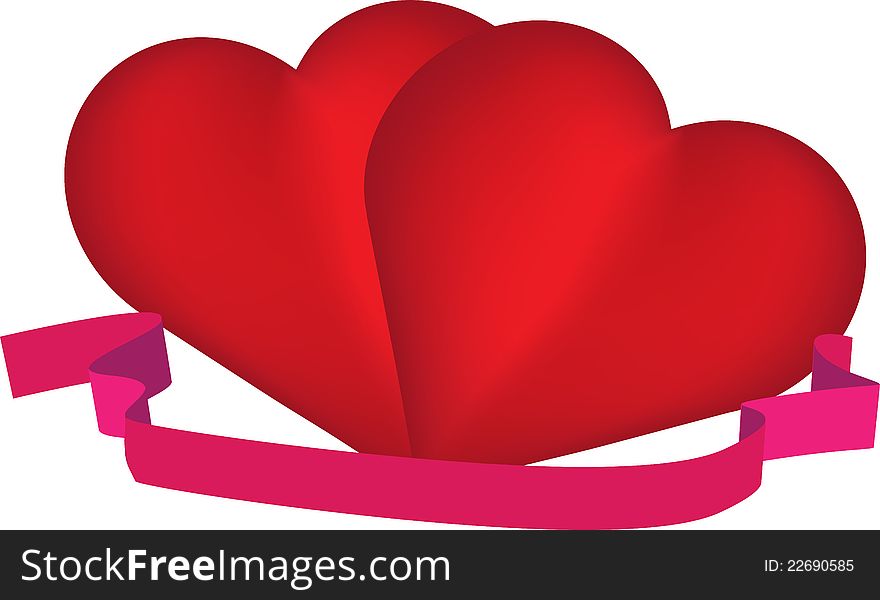 Illustration of red hearts and ribbon isolated on white